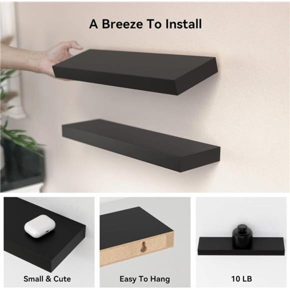 Black Floating Shelves Set‎ of 2, Mounted Modern Hanging Shelves for Wall Decor - Picture 4 of 16